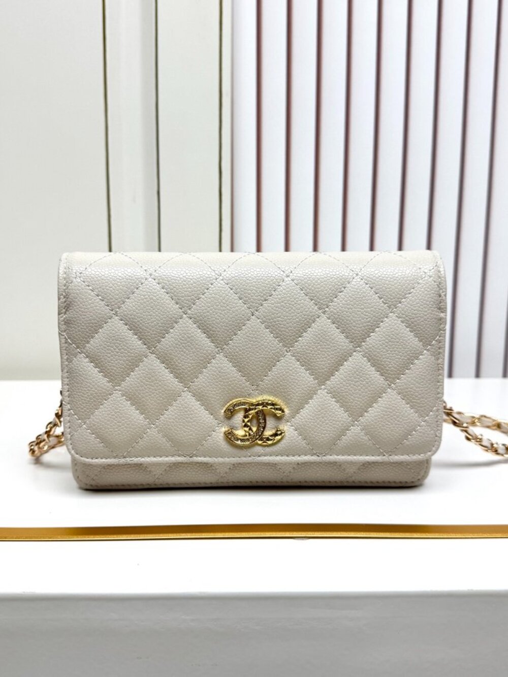 Chanel Classic Flap WOC in White Caviar Leather with Crystal CC Logo